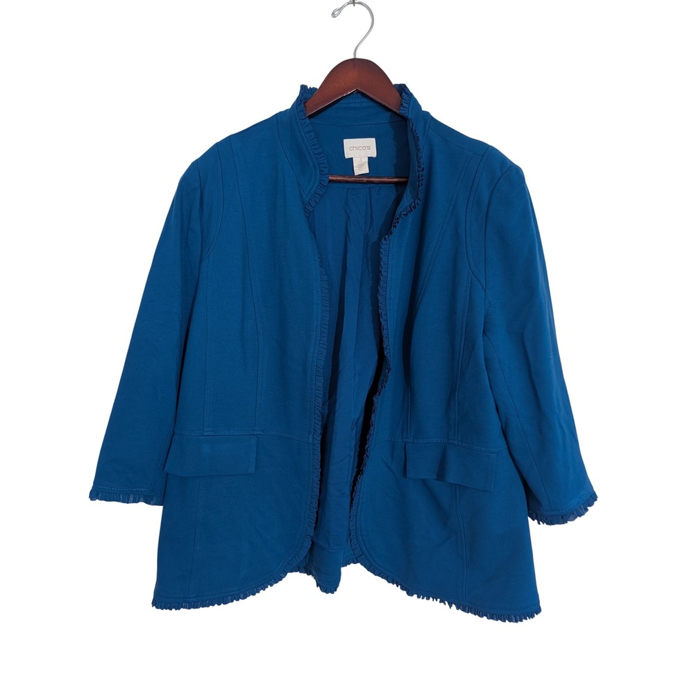 Chicos Teal Blue Ruffle Trim Open Front Blazer Jacket Size 3 XL Office Chic